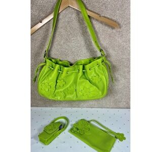 Vintage‎ Green Flower Perforated Purse Set Hobo bag Retro BOHO Lime Green Hippie